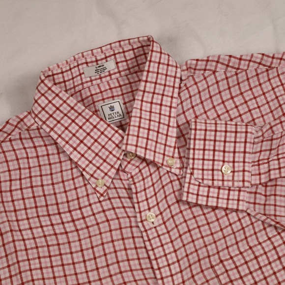 PETER MILLAR Men's Large 100% Linen Red Pink Checkered Button Down Shirt - Picture 1 of 7
